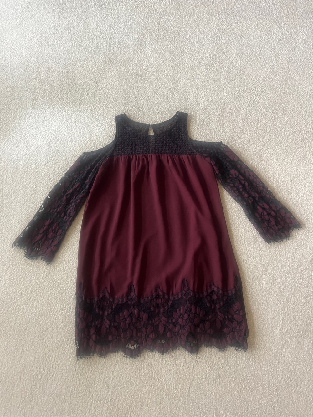 BB Dakota Women’s Burgundy Dress with Black Lace Cold-Shoulder